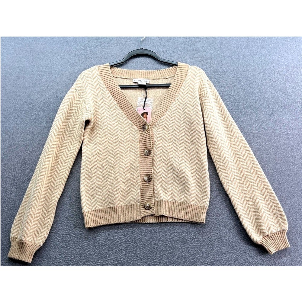 Sincerely Jules Sweater Womens S Herringbone Chevron Cardigan Tan Cream
